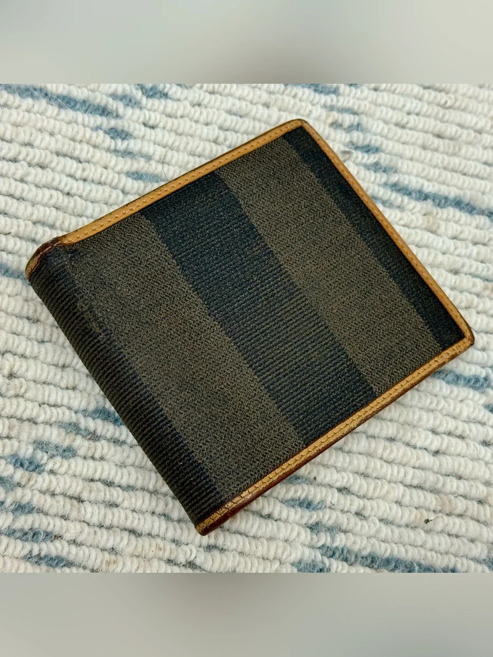 FENDI Vintage 80’s Unisex Classic Pequin Striped Canvas Brown Leather Bi Wallet - Picture 8 of 16